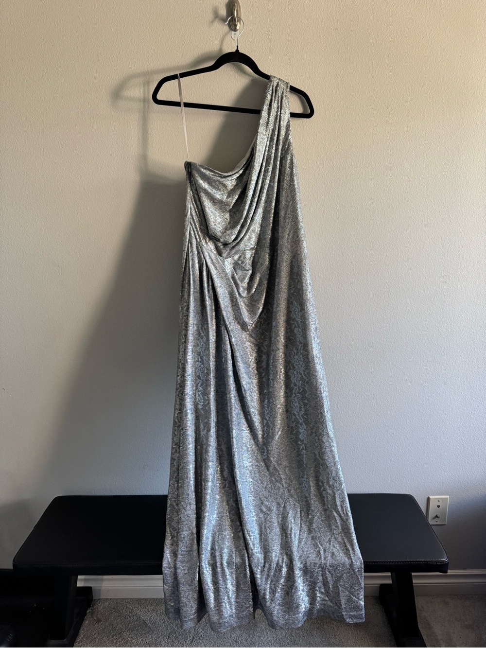 Ralph Lauren Silver One-Shoulder Draped Gown
